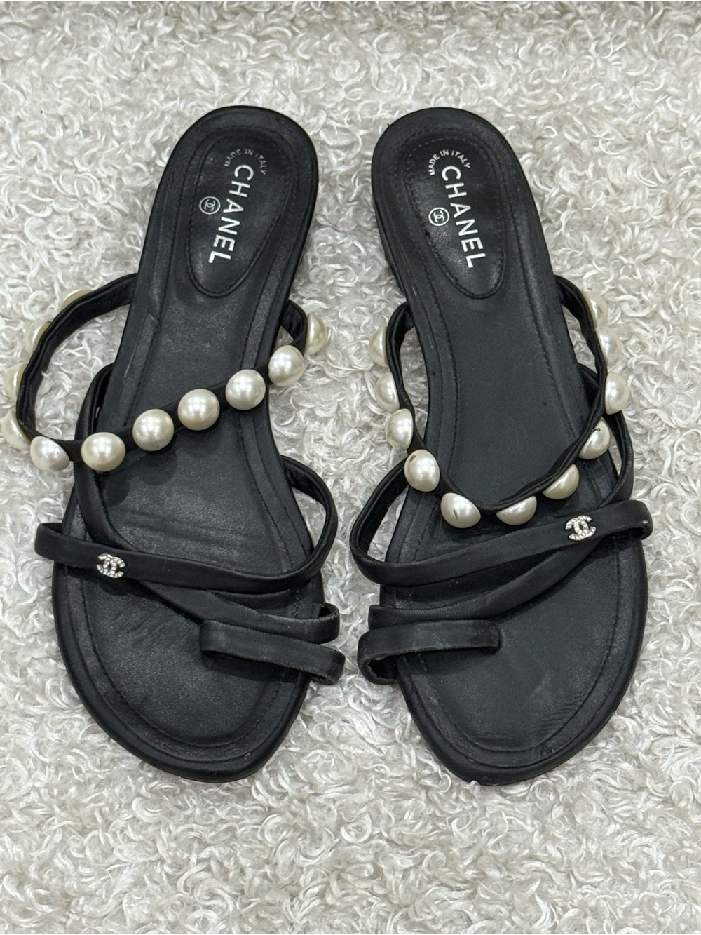 CHANEL Black Pearl Sandals Size 39C